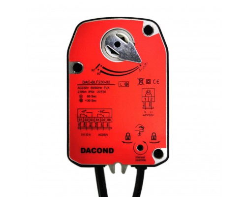 Привод воздушной заслонки Dacond DAC-BLF24-02T, 2.5 Н*м, ВКЛ/ВЫКЛ, 2 концевых выключателя, с термодатчиком, AC/DC 24В, с возвратной пружиной